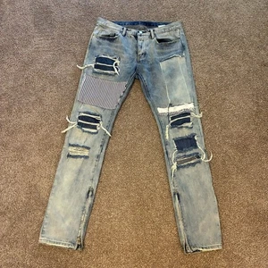 MNML Jeans Herren 34x34 Blau Distressed Patchwork Ankle Zip Denim Straight - Bild 1 von 10