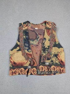 Southwestern Tapestry Vest Womens One Size Multicolor Fringe Concho Buttons USA - Foto 1 di 10
