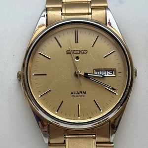 Vintage Seiko Alarm 5C23-8009 Day Date Edelstahl Uhr goldfarben - neuer Bat - Bild 1 von 10