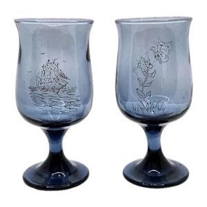set of vintage Colbalt Blue etched wine glasses Glass Signed SINDBAD Ooak Set - Picture 1 of 4