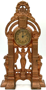Vintage Ornate Cast Iron Mantle Clock Parlour Copper Color Victorian USA 486