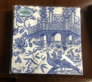 Caspari Williamsburg Chinoiserie Toile Bridge Blue 3-Ply Paper 8” Napkins - Picture 1 of 3