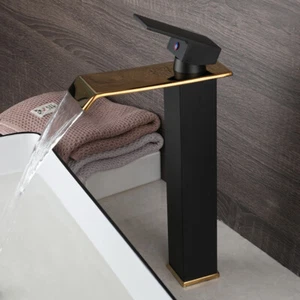 Grifo mezclador fregadero lavabo de un solo orificio oro negro grifo en cascada - Imagen 1 de 14