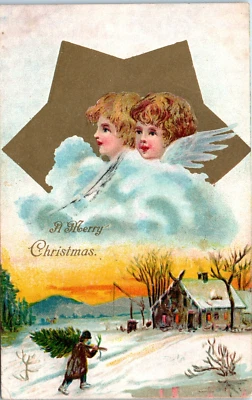 Sello postal vintage de Estados Unidos, tarjeta alemana Feliz Navidad 1907 ángeles estrella dorada Foto 1 de 2