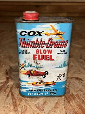 Vtg Cox Thimble Drome Glow Fuel Pint Can Tether Car Plane Racing Graphics Gas Ad - Image 1 of 4
