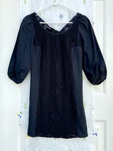 TIBI Black Mini Dress Crochet Lace Eyelet Shift Cut Out Tie Back NWT New - Picture 1 of 11