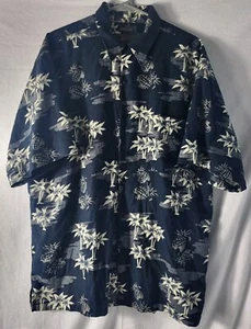 Bruno Shirt Mens L Soft Linen Hawaiian Short Sleeve Button Down Navy Blue - Picture 1 of 6