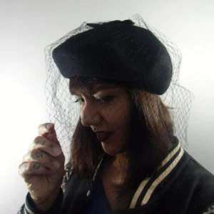 Boina Sombrero Lana Negro Velo Coquetería Negro Lazo Satén Pinup Glamour - Imagen 1 de 7