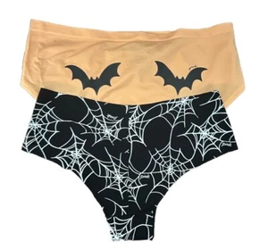 2 Victoria’s Secret PINK Halloween Panties SMALL Orange Bats & Spiderweb NEW - Picture 1 of 7