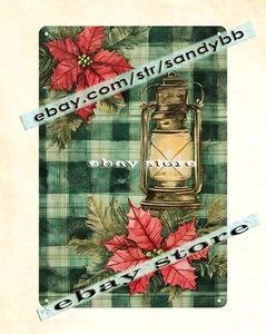 Lantern Poinsettia Plaid Tin Sign Rustic Christmas Art - Picture 1 of 4