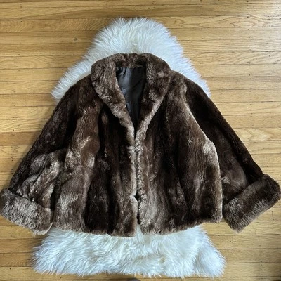 Abrigo vintage c.1960 piel genuina recortada marrón topo pequeño mediano grande mub esposa Foto 1 de 4