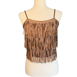 Aster Stud Fringe Faux Suede Crop Top Brown Festival Indie Spaghetti Strap M - Picture 1 of 8