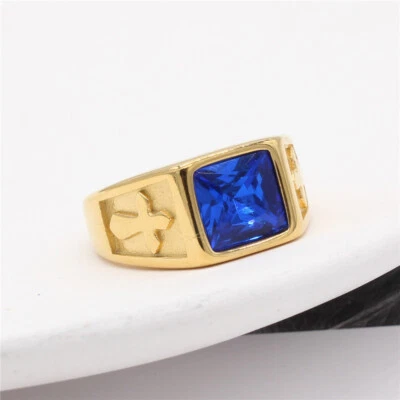镀金不锈钢蓝色宝石十字戒指男式女式婚礼礼物 — 第 1/4 张图片
