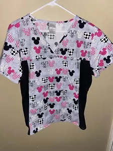Disney Mickey Mouse Pink Black White Women’s Scrub Top XL Cotton - Picture 1 of 8