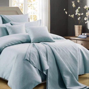 Moyle Fine Linen Zeus Powder Blue Velour Polyester Quilt Cover Set. or Coverlet - Picture 1 of 5
