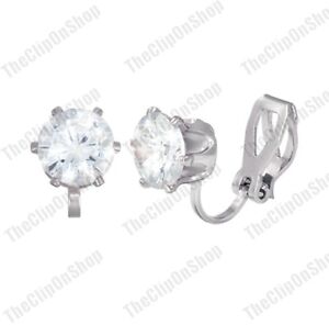 CLIP ON 8mm CZ EARRINGS cubic zirconia SILVER PLATED round brilliant cut crystal