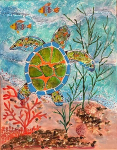 Original painting 22x28" Sea turtle ocean real Shells Canvas by Lynne Kohler - Picture 1 of 8