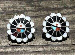 Pendientes Zuni de plata esterlina cara de sol con incrustaciones de mosaico coral/turca/MOP marcas firmadas - Imagen 1 de 9
