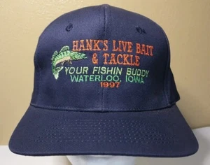 Vintage 1997 Navy Blue HANK'S LIVE BAIT & TACKLE Hat Cap WATERLOO IOWA Snapback - Bild 1 von 9
