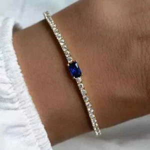 8 Ct Baguette Simulated Blue Sapphire 925 Yellow Sterling Silver Tennis Bracelet - Picture 1 of 5