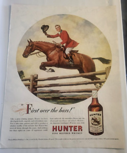 Vintage Hunter Whiskey Magazine Print Ad 1946 Horse Jumping Fence Full Page