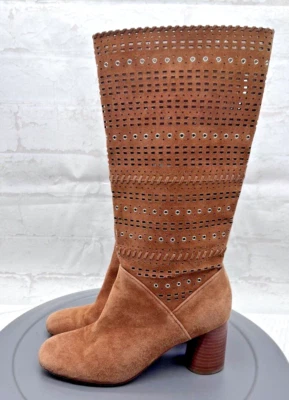 Donald J Pliner Botas Glenda Mujer 6.5 Marrón Coñac Gamuza Cuero Corte Láser Foto 1 de 4