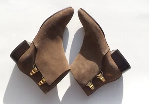 CHLOE Taupe Brown Suede Mixed Metal Double Buckle Block Heel Ankle Boots 39.5 EC - Picture 1 of 12