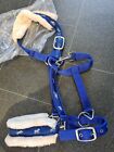 Royal Blue Horse Print Fleecy Fluffy Lined Padded Adjustable Headcollar Full...