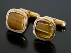 Vtg DIAL Cufflinks Gold Plated 2-Tone Tiger's Eye Stone Cufflinks - Picture 1 of 3