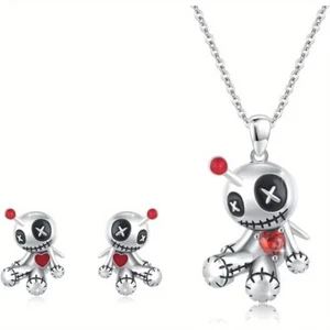 Voodoo Puppe Halskette Ohrringe Set Edelstahl silberfarben rot Herz Schmuck - Bild 1 von 7