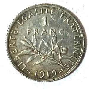 1919 France One Franc Silver Coin KM# 844.1 - Picture 1 of 2