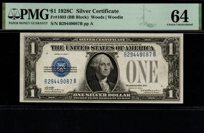 KEY "C" Series 1928C $1 FUNNY BACK PMG UNC 64 Silver Certificate! - Image 1 of 2