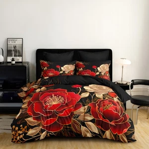 Black and Red Comforter Set King Size Vintage Gothic Floral Bedding 3 Pcs Lux... - Picture 1 of 6