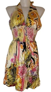 Y2k Cache Sz 8 Yellow Silk Floral Coquette Fairy Boho Dollete Halter Dress - Picture 1 of 4
