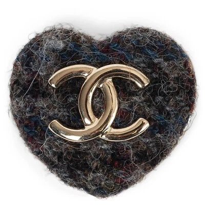 71687 auth CHANEL  grey 22K CC HEART TWEED Brooch - Image 1 of 4