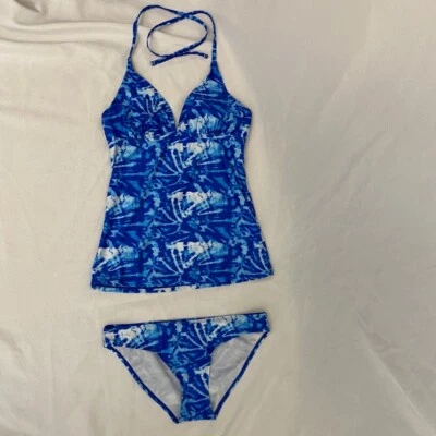Bobbie Brooks Ladies Womens Tankini Swimsuit Blue White Halter Sleeveless M - Image 1 of 4