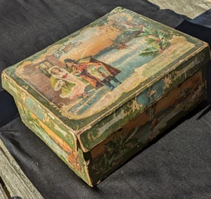 ANTIQUE VICTORIAN PAPER COVERED MERRY CHRISTMAS HAPPY NEW YEAR BOX STORAGE 8x10 - Picture 1 of 12