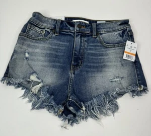 NEW EUNINA LULU HIGH RISE CUT OFF BLUE DENM FRAYED HEM SHORTIE SHORTS SZ XS NWT - Picture 1 of 4