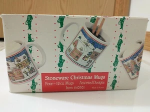 Stoneware Christmas Mugs Four 12 Oz Mugs In Box Korea #40501 VTG Snow Village - Picture 1 of 6