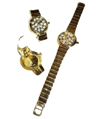 2-tlg. Strass  Schmuck Set UHR Ohrclips Ohrringe + Brosche Anstecknadel gold NEU - Bild 1 von 2