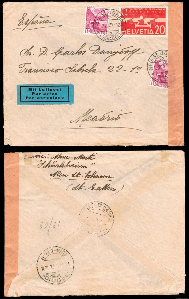 Suiza - Yv 291A(2)+A17 - 1937 - Carta correo aéreo de Neu St.Johann a Madrid - Imagen 1 de 1