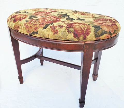 Antique Mahogany Wood Oval Vanity Bench Ottoman with Floral / Rose Material Cover