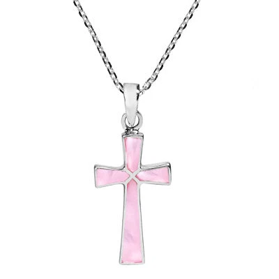 Collar Minimalismo Cruz Cristiana Rosa Madreperla Plata de Ley Foto 1 de 4