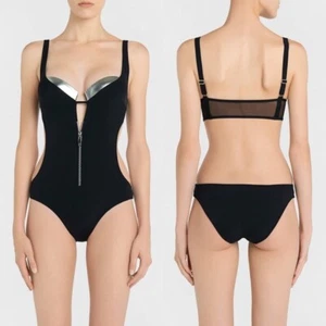 La Perla Brit Remix Black & Silver Metallic Embroidered Zipper Swimsuit - 40 NEW - Picture 1 of 9