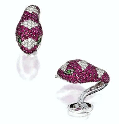 Magnificent Snake Face Design Deep Pink Ruby, White CZ & Green Emerald Cufflinks - Image 1 of 3