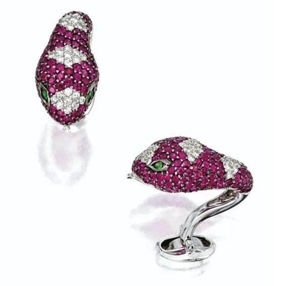 Magnificent Snake Face Design Deep Pink Ruby, White CZ & Green Emerald Cufflinks - Image 1 of 3