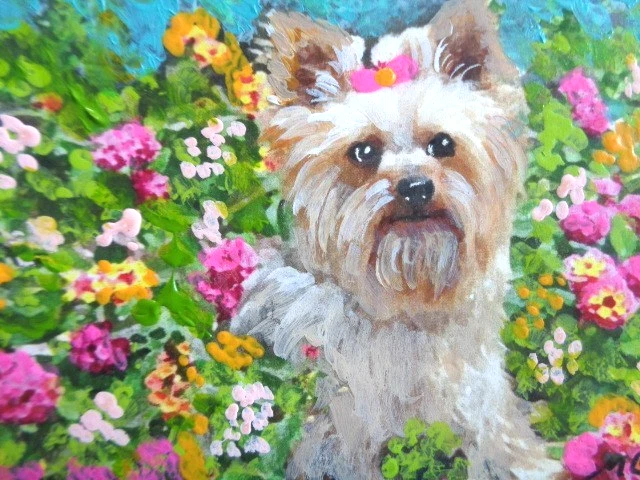 原版 ACEO YORKIE YORKSHIRE TERRIER DOG IN A FLOWER 花园绘画 — 第 1/1 张图片