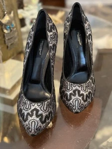 Dolce & Gabbana Size 39.5 / 9 Pumps High Heel Shoes Glitter And Lace Grey Black - Picture 1 of 16