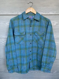 Vintage 60s Pendleton Board Shirt Sz Med Blue Plaid Wool Loop Collar Made in USA - Bild 1 von 8