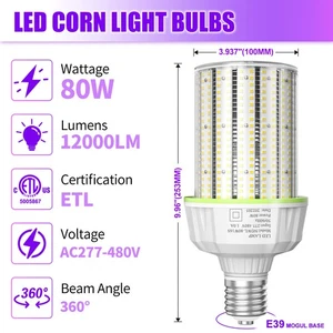 480V 80W LED Corn Light E39 Mogul Base Industrial Warehouse High Bay Corn Bulbs - Picture 1 of 17